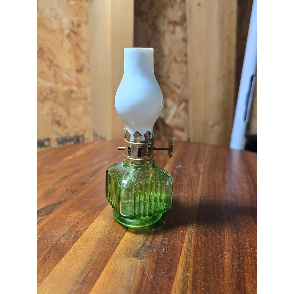 Vintage Miniature Green Glass Oil Lamp White Milk Glass Chimney Hong Kong 5 inch